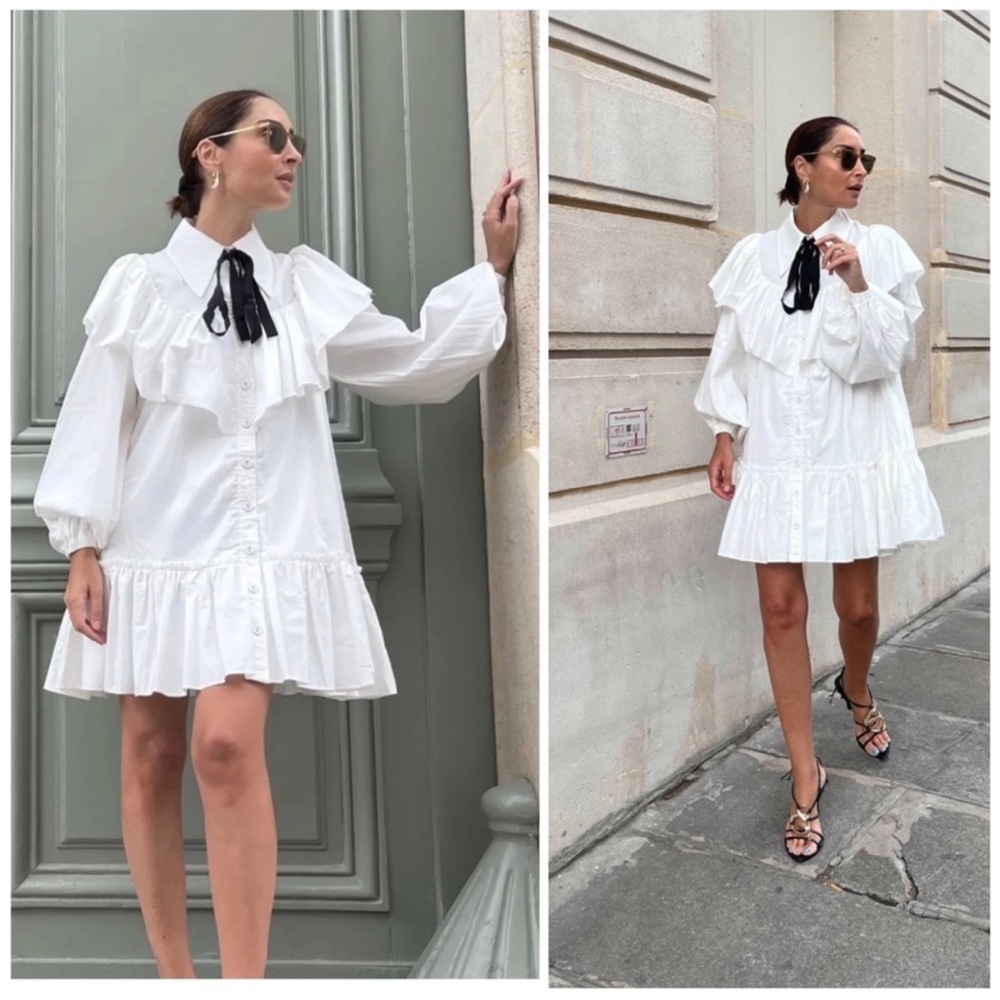 Aje Marie Frill Bib Long Sleeve White Mini Dress Size 6 US / 10 AUS
